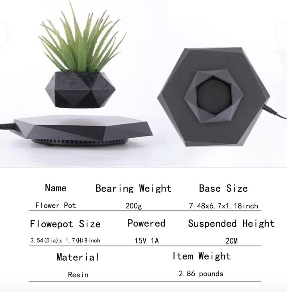GUIYING Magnetic Levitating Flower Pot Air Bonsai Black Hexagon Suspension Floating Plant Pot 360 Degree Rotation Pot Home and Office Desk Decor