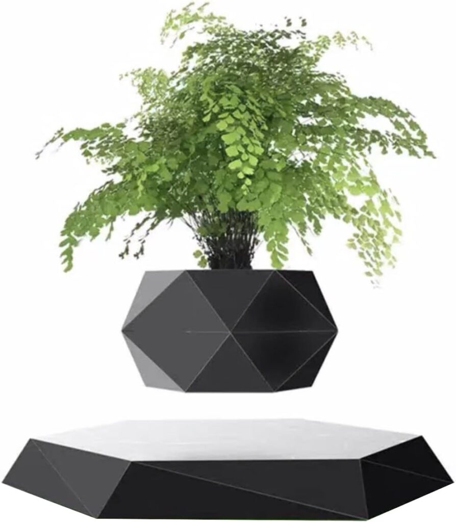 GUIYING Magnetic Levitating Flower Pot Air Bonsai Black Hexagon Suspension Floating Plant Pot 360 Degree Rotation Pot Home and Office Desk Decor