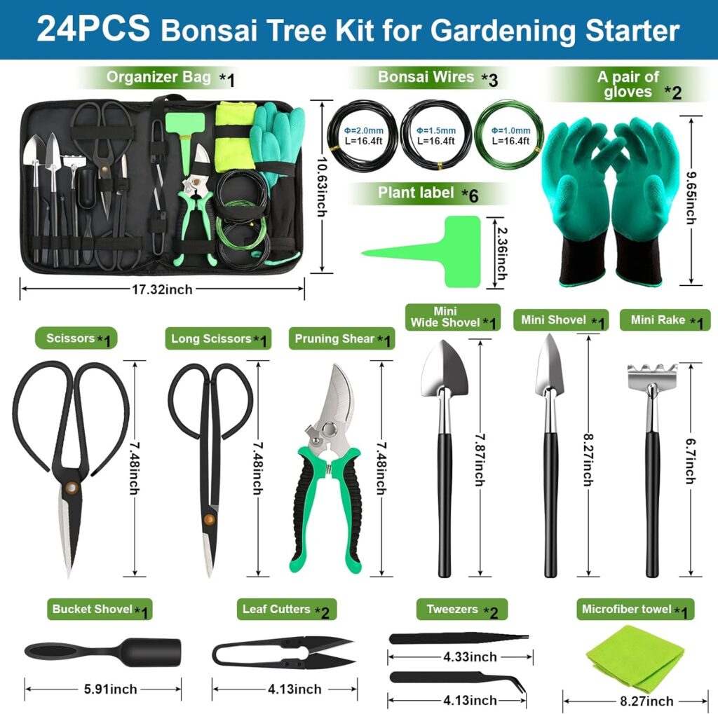 Bonsai Tools Kit- 24 PCS Bonsai Tree Kit Tools for Beginners, Bonsai Tool Set Bonsai Starter Trimming Care Kit Include Pruning Shears, Scissors, PU Leather Bag, Bonsai Pruning Kit for Women  Men