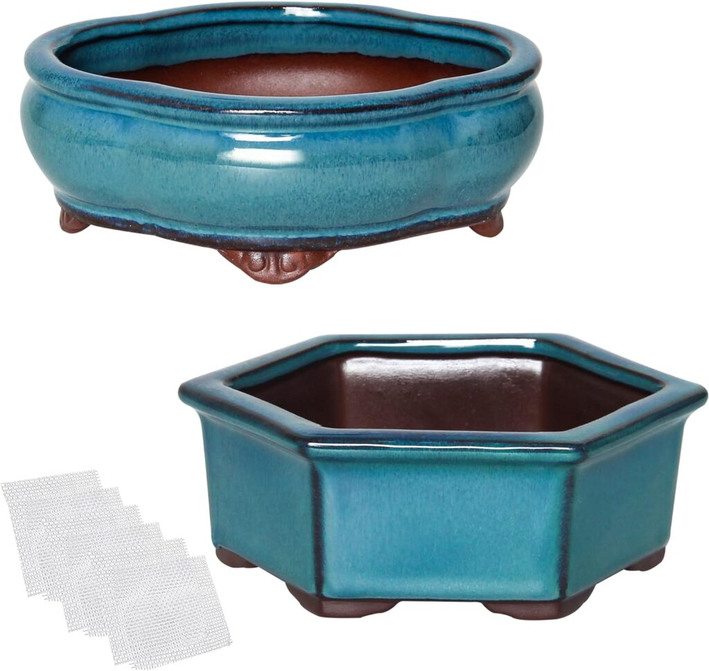 Happy Bonsai 5.7 6.1 Small Glazed Pots Set of 2 + 6 Soft Mesh Drainage Screens
