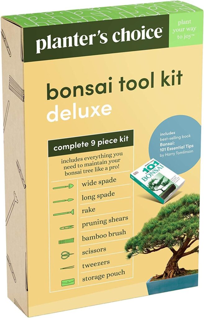 Planters Choice Premium Bonsai Tool Kit + Bonsai 101 Book -Set Includes:Wooden Rake, Long  Wide Spades, Scissors, Tweezers, Bamboo Brush,  Pruning Shears (Trimmer/Clipper) in Fabric Storage Holder