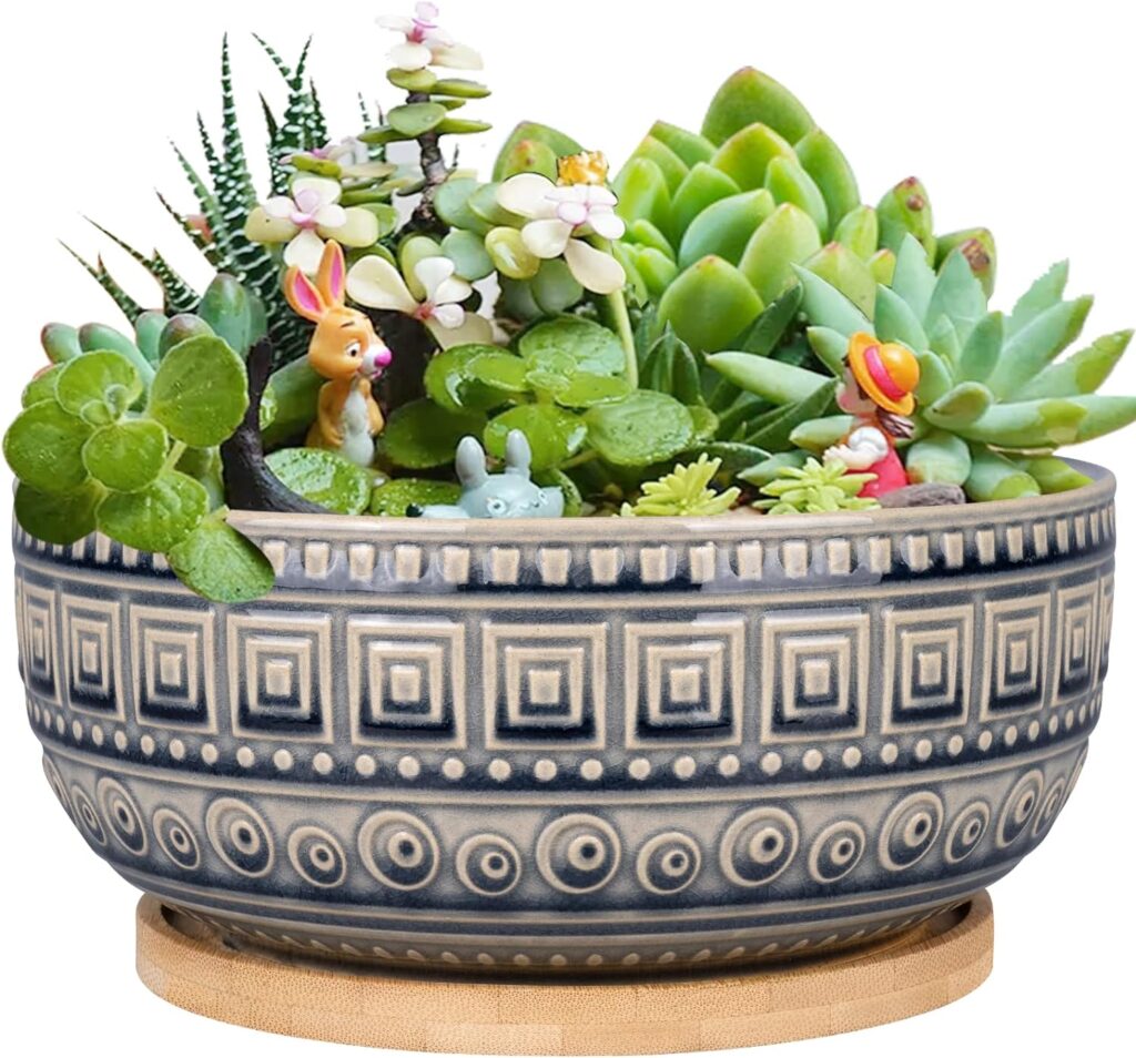 G EPGardening 8 Inch Ceramic Succulent Planter Pots for Indoor Plants Round Shallow Bonsai Planter Pot with Drainage and Bamboo Saucer Blue